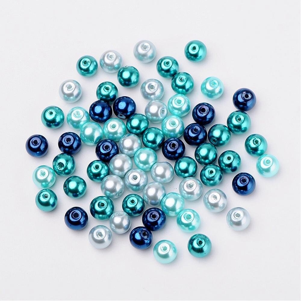 Carribean theme Glass pearl beads, 8mm pearlized glass beads blue variety mix of shades mix colored beads