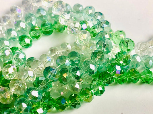 Facted glass beads, Green 8mm rondelles,  electroplate Crystal glass  Rondelle full strand medium green pale green or clear