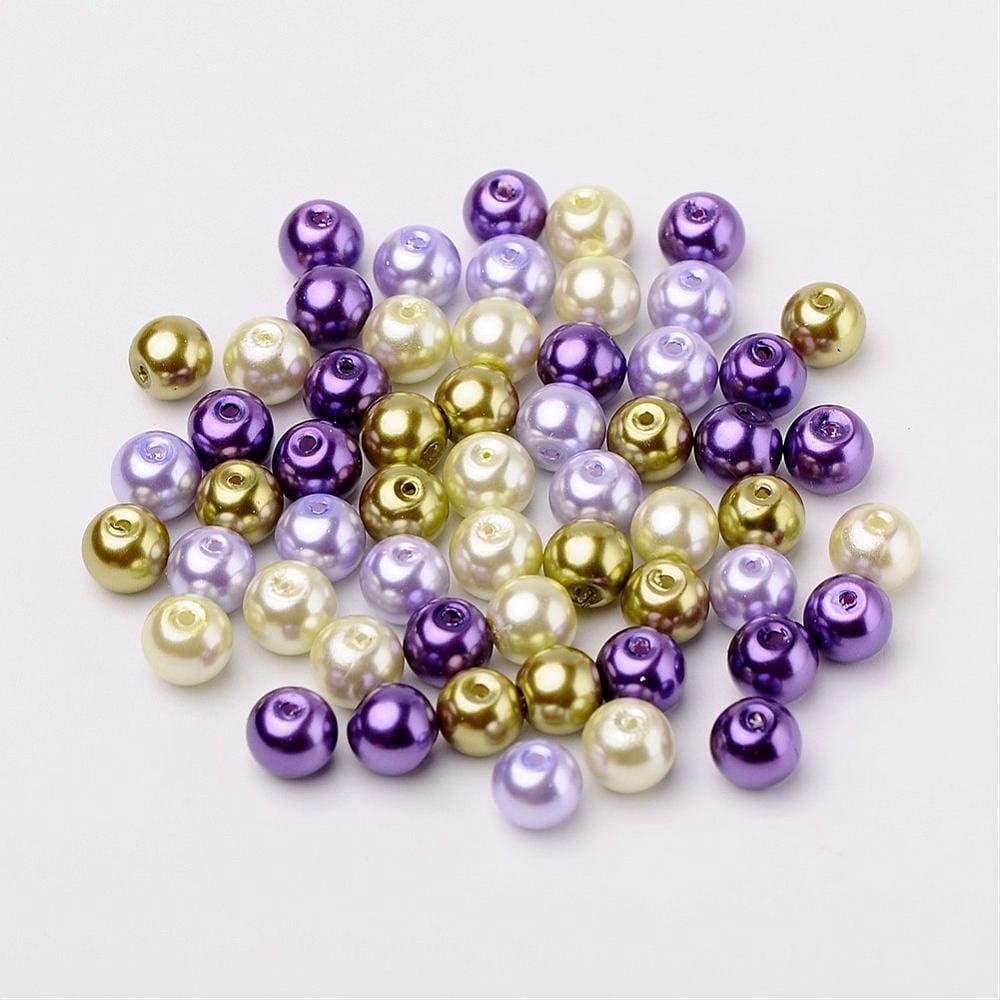 Lavender Glass pearl bead mix,  8mm mix pearlized glass beads dark purple, lavender,  pale green and sage green colored beads