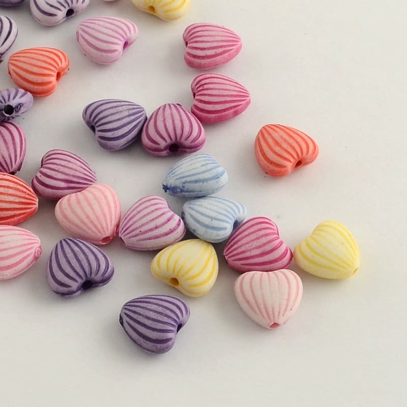 Heart bead mix stripe patterned pastel in assorted colors, acrylic bead mix