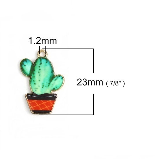 Cactus charm gold back enaml charm desert style charm nature charm green and gold enamel topped