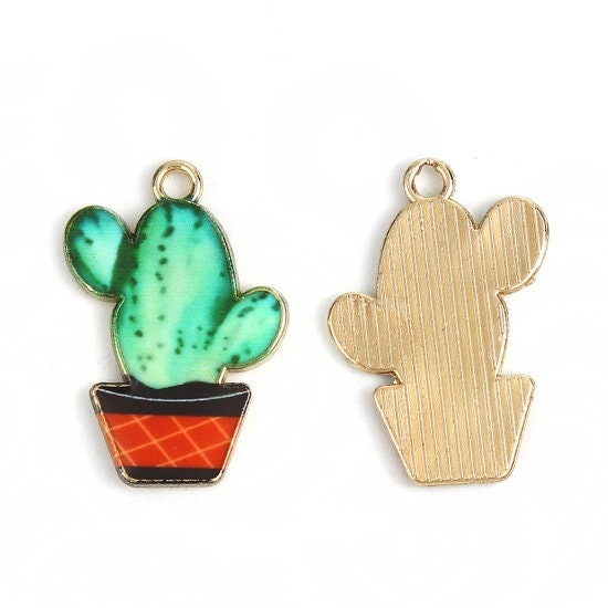 Cactus charm gold back enaml charm desert style charm nature charm green and gold enamel topped