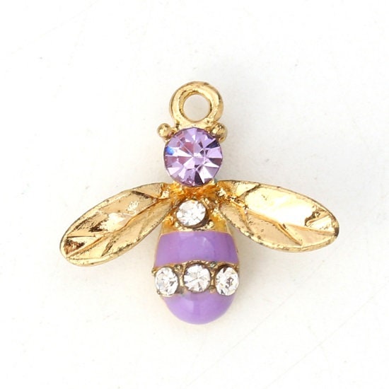 Gold bee charm, rhinesone and enamel bee, assorted colors available with gold wings