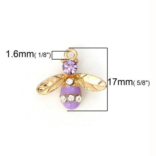 Gold bee charm, rhinesone and enamel bee, assorted colors available with gold wings