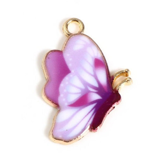 Purple Butterfly charm, enamel gold plated charm in light and dark purple , patterned bug charm