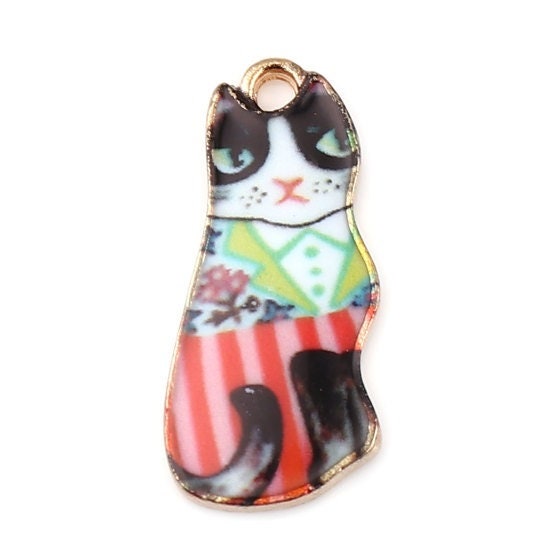 Cat charm, enamel pendant charm with red striped pants , gold plated charm, whimsical cat