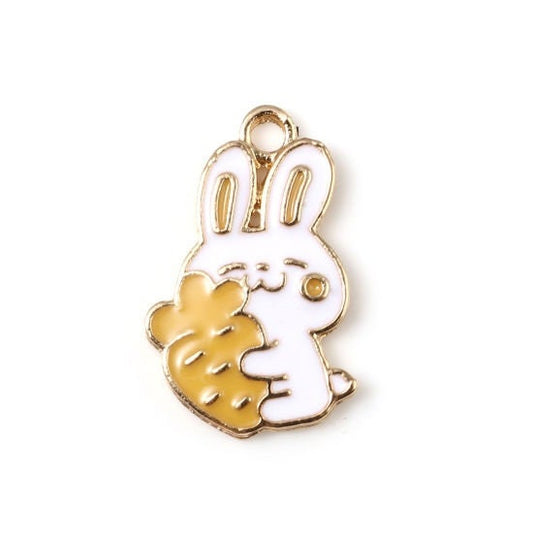 White Easter bunny with orange ears and carrot charms enamel rabbit pendant charm gold plated back white rabbit