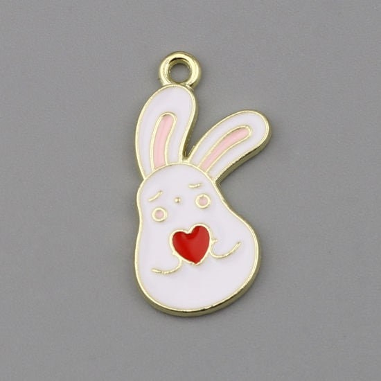 Easter bunny charm, white rabbit with heart, enamel easter charm, pendant style charm easter gift