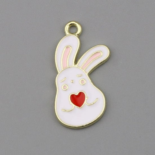 Easter bunny charm, white rabbit with heart, enamel easter charm, pendant style charm easter gift