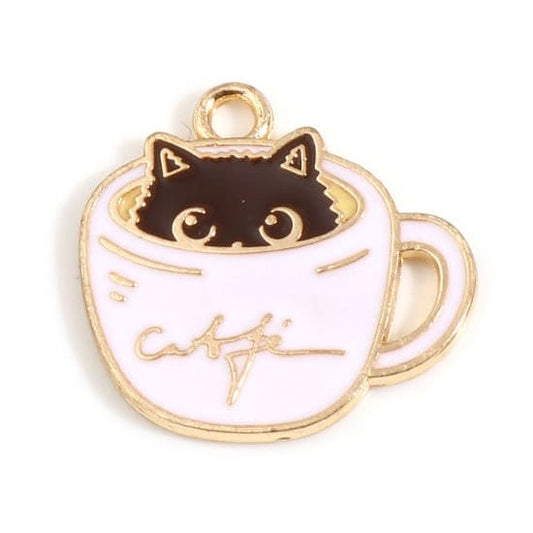 Cat in a cup charms , white cat  pendant charm, black and gold alloy backs