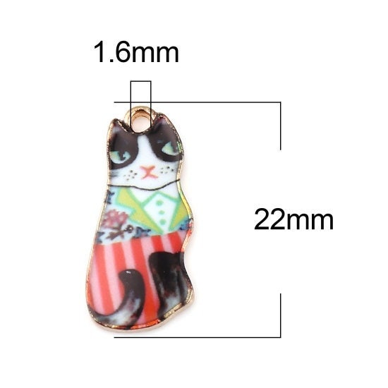 Cat charm, enamel pendant charm with red striped pants , gold plated charm, whimsical cat