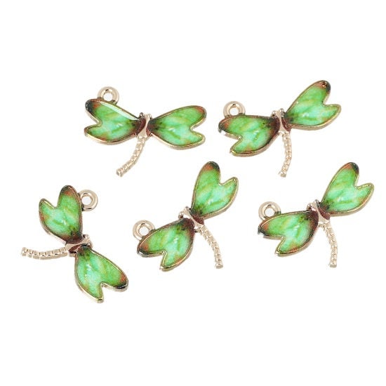 Dragonfly charms, palge green and black enamel dragonflies with gold plated back