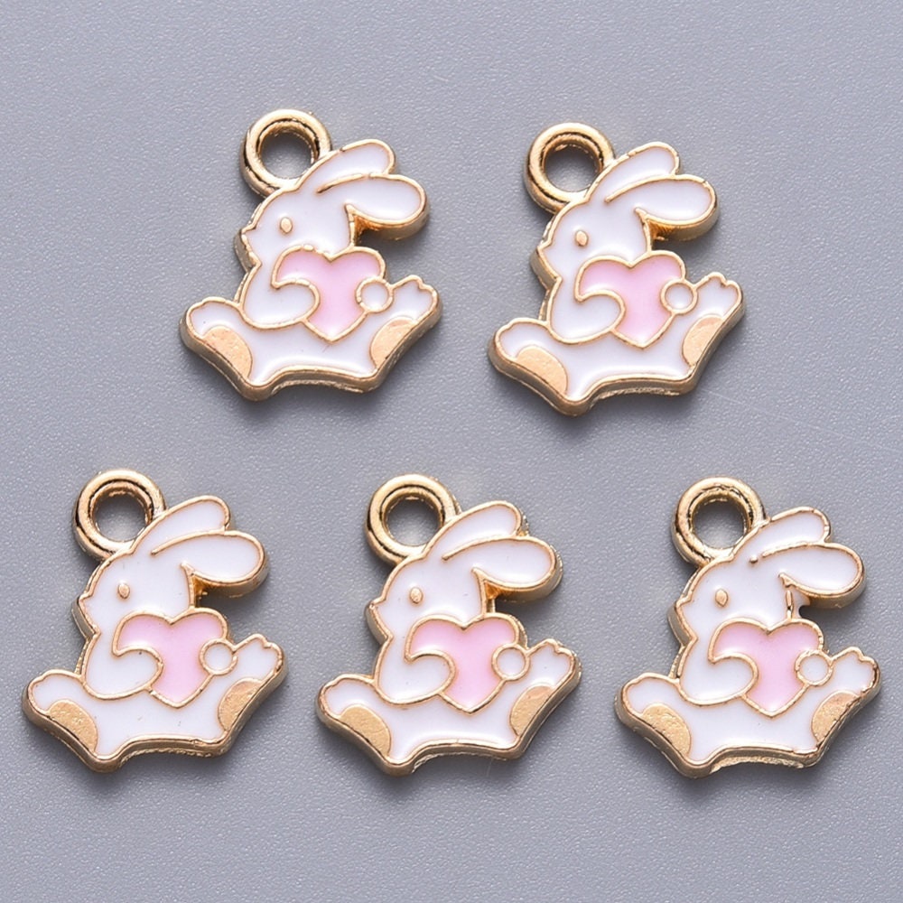 White bunny charm,  pink heart charms enamel rabbit, gold backed tiny charms