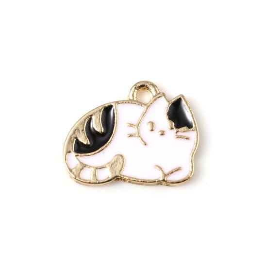 cat enamel charm, Black and white pendant charm with gold back, curled up cat