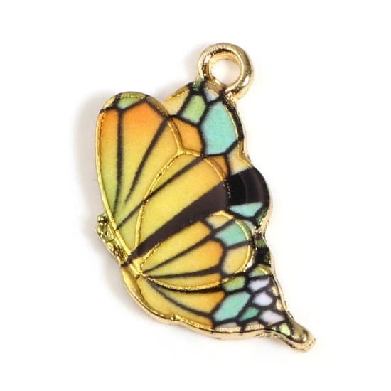 Yellow Butterfly charm, enamel with black and green details , gold plated charm