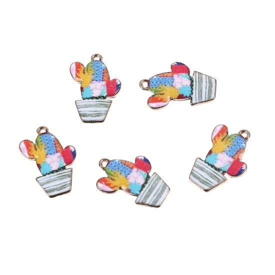 Cactus charms,  enamel patchwork desert style charm, gold backed charm