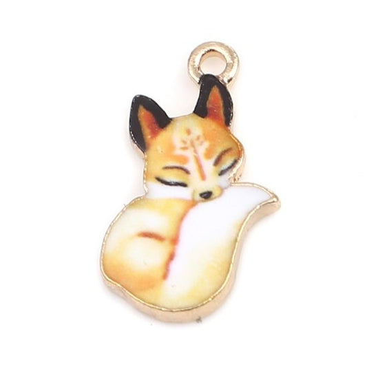 Fox charm, enamel orange and white enamel pattern , closed eye charm with black ears, cottage core