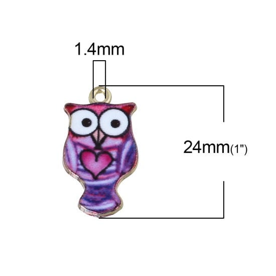 Owl charm, purple enamel  with pink heart, bird with heart , pendant and bracelet charm