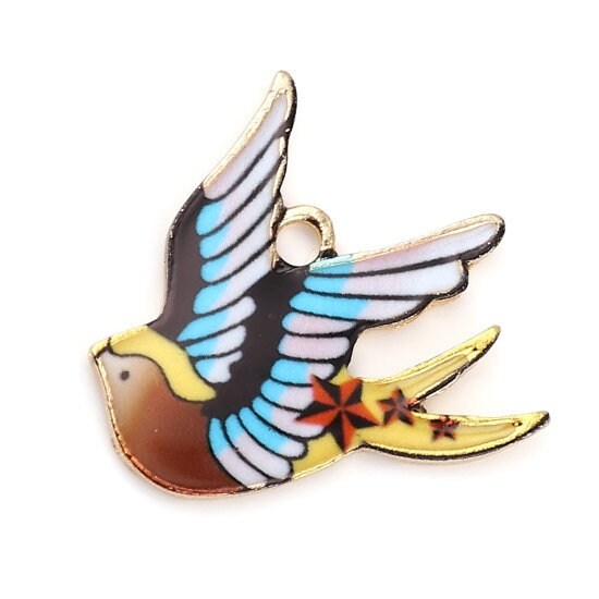 Bird charm, enamel flying bird, assorted color birds, patterned wings with gold plated backs,