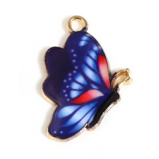 Blue butterfly charm, enamel dark blue with pink pattern gold plated charm