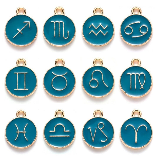 Zodiac Enamel dark teal charm set, 12 double-sided charm with two different images on each side