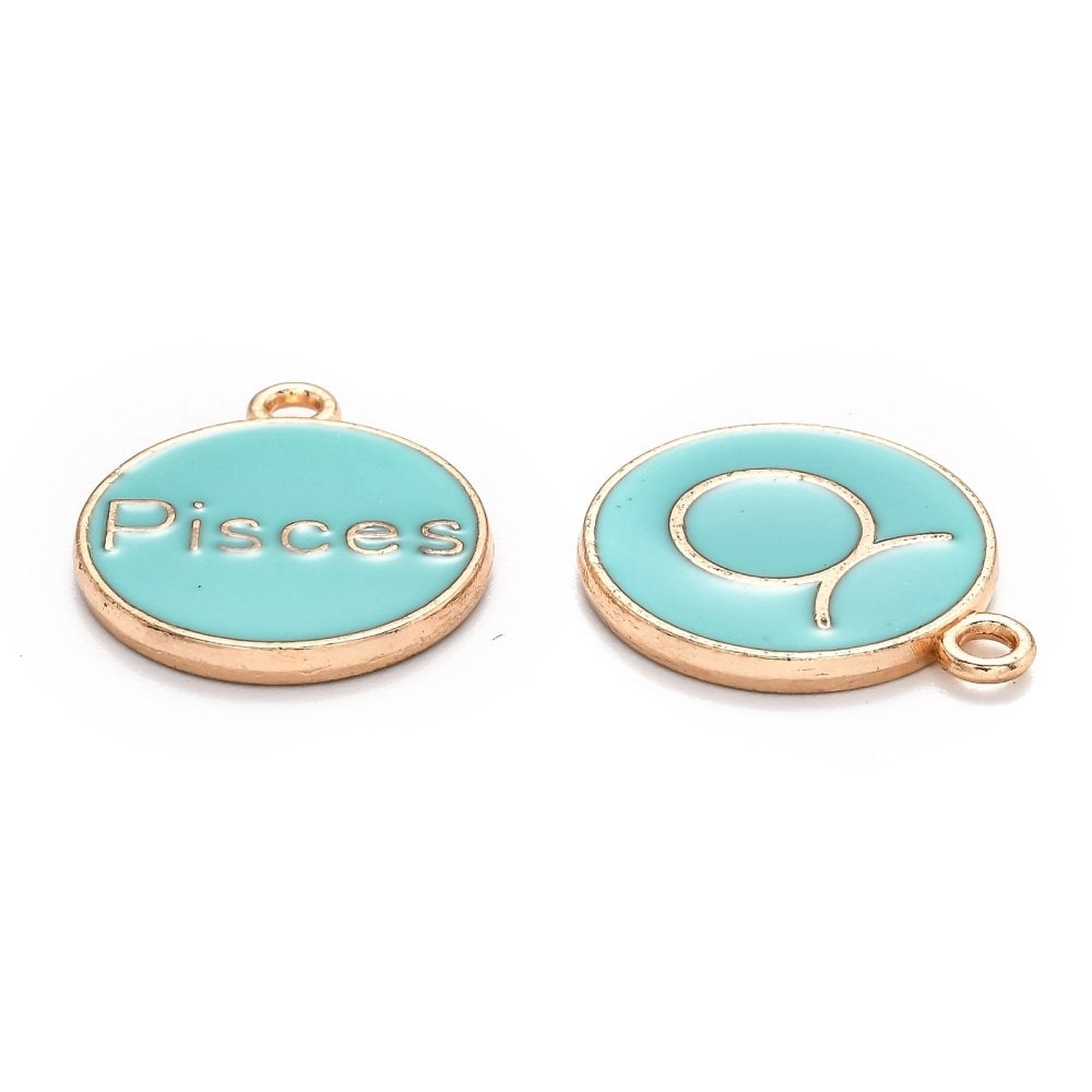 Zodiac Enamel pale teal charm set, 12 double-sided charm with two different images on each side