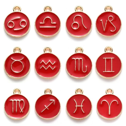 Zodiac Enamel Red charm set, 12 double-sided charm with two different images on each side