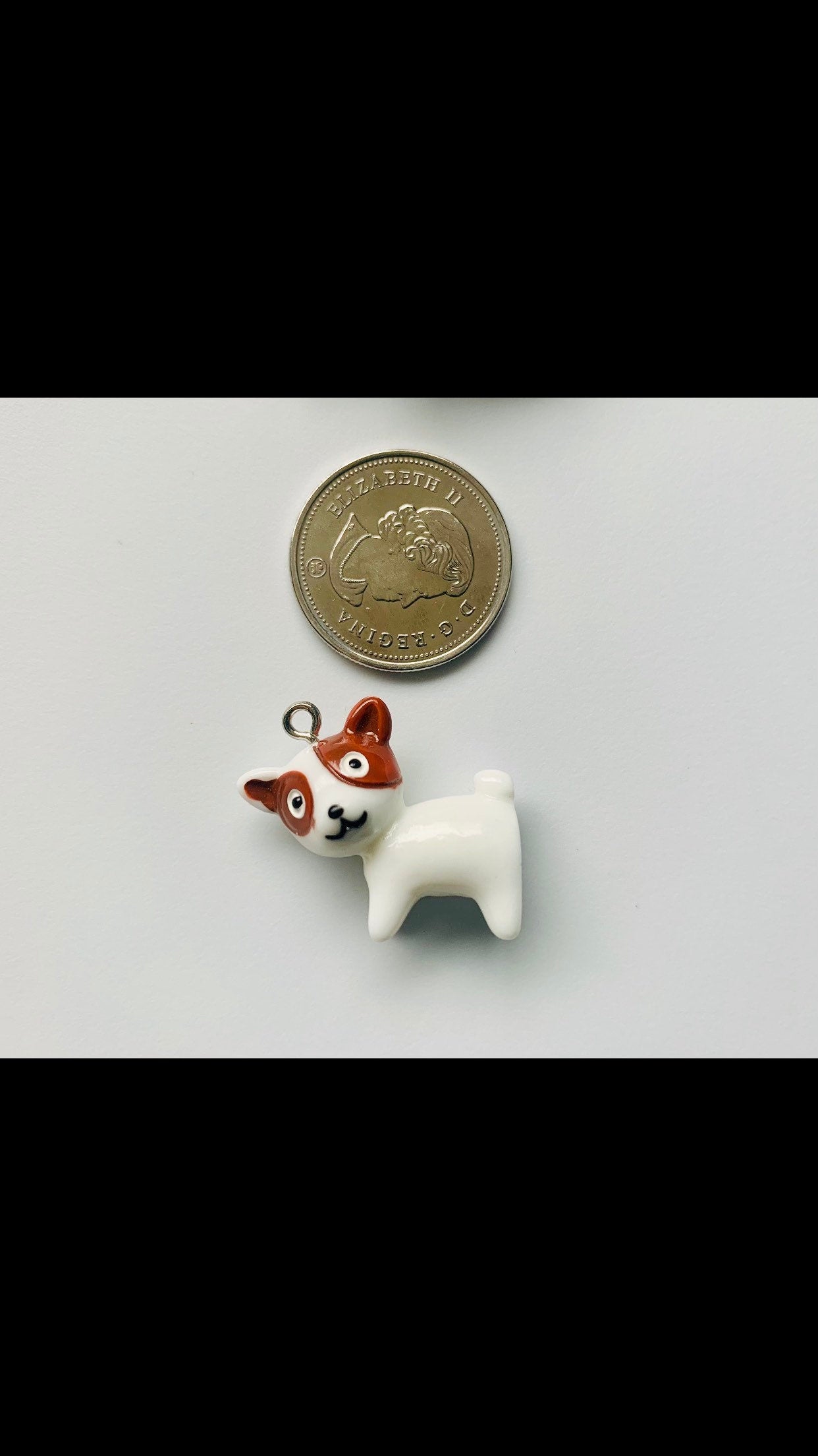 White dog charm., 3D large puppy charm. white and brown spot charms , pendant and keychain charms