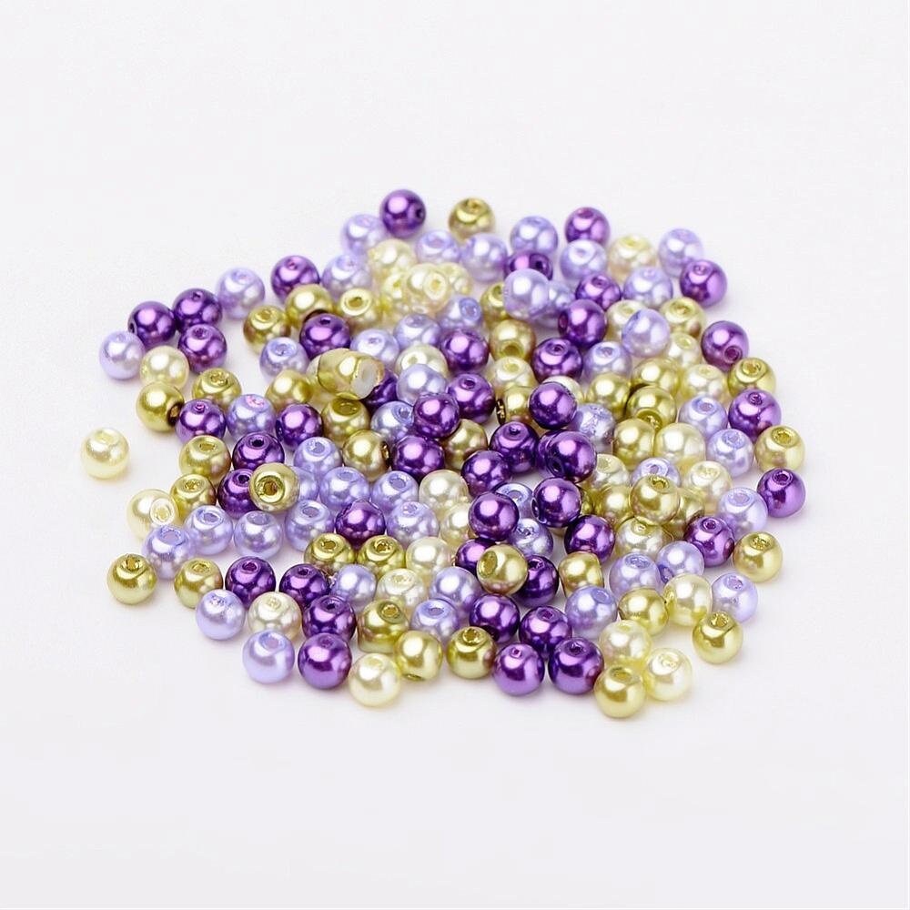 Purple pearl bead mix,  6mm pearlized glass beads,  dark purple, lavender, pale green and sage green colored beads