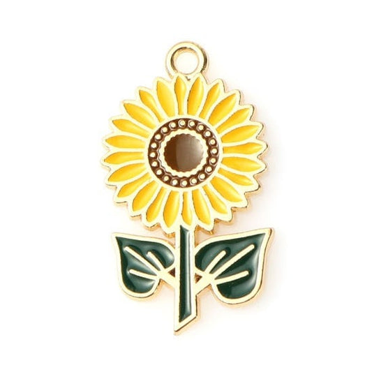 Sunflower large yellow enamel charm with stem gold plated charms keychain sized for large pendant charm yellow and green charm