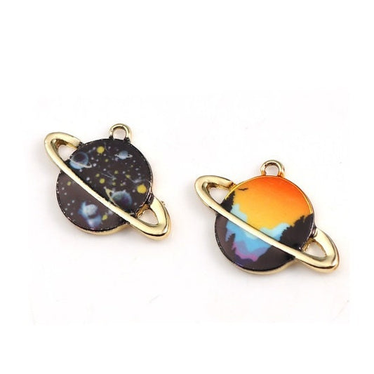 Galaxy planet charm, enamel celestial charms, orange planet or black stars  gold plated charm