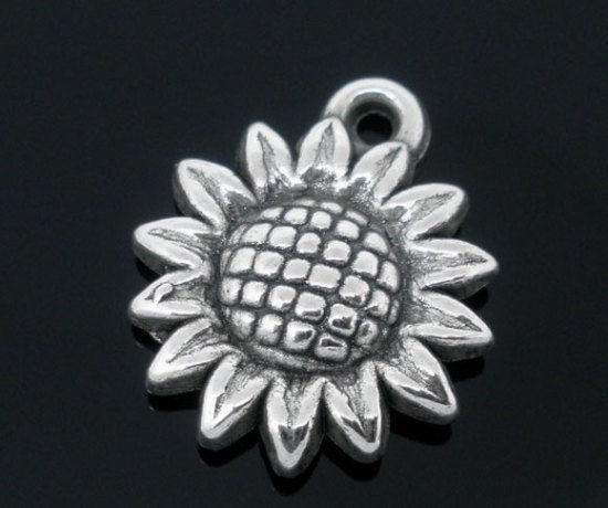 Sunflower large charms, metal coated acrylic charm, silver flower lightweight charm