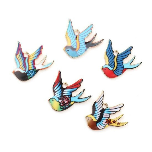 Bird charm, enamel flying bird, assorted color birds, patterned wings with gold plated backs,