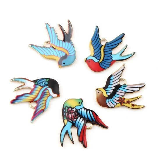 Bird charm, enamel flying bird, assorted color birds, patterned wings with gold plated backs,