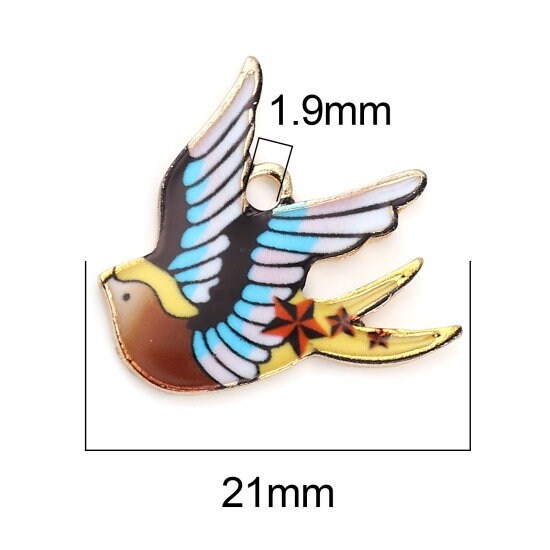 Bird charm, enamel flying bird, assorted color birds, patterned wings with gold plated backs,