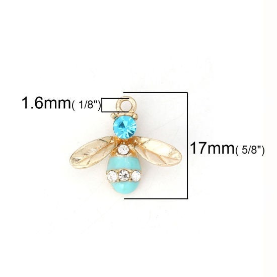 Gold bee charm, rhinesone and enamel bee, assorted colors available with gold wings