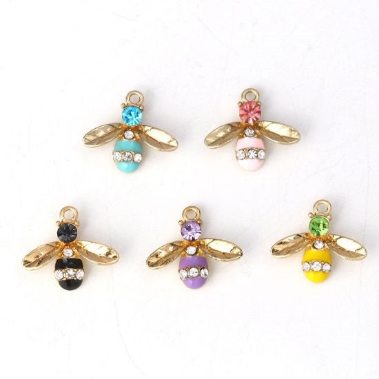 Gold bee charm, rhinesone and enamel bee, assorted colors available with gold wings