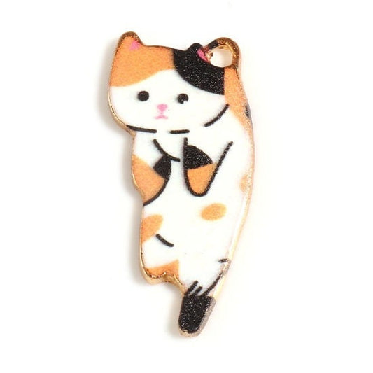 Orange cat charms, enamel pendant charms gold plated trim cat with white tummy scruffy cat