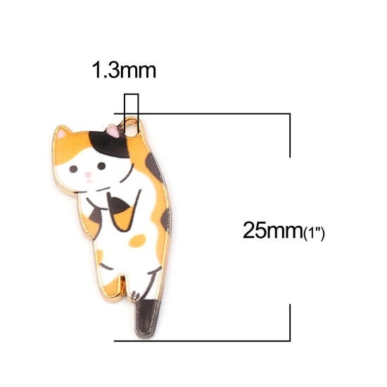 Orange cat charms, enamel pendant charms gold plated trim cat with white tummy scruffy cat