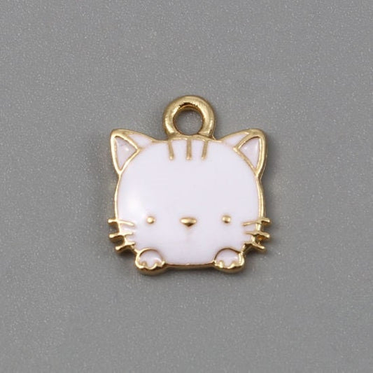 White cat charm gold plated kitten charm enamel cat charm faint gold lines on white face with gold whisker charm