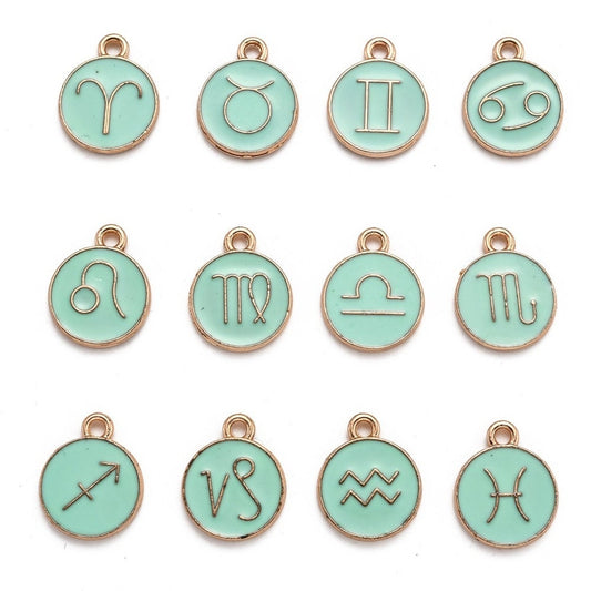 Zodiac Enamel pale green teal charm set, 12 double-sided charm with two different images on each side