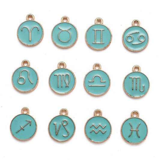 Zodiac Enamel pale teal charm set, 12 double-sided charm with two different images on each side