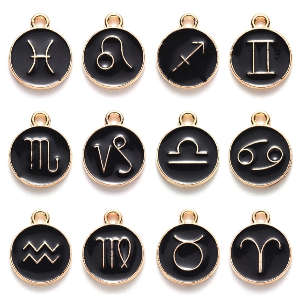 Zodiac Enamel Black charm set, 12 double-sided charm with two different images on each side