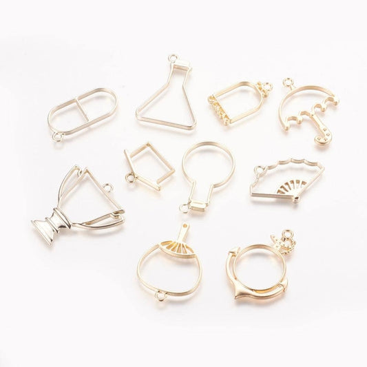 Large bezel set, pendant charm set, gold tone for DIY resin or clay, full set of  10 pieces