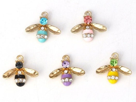 Gold bee charm, rhinesone and enamel bee, assorted colors available with gold wings