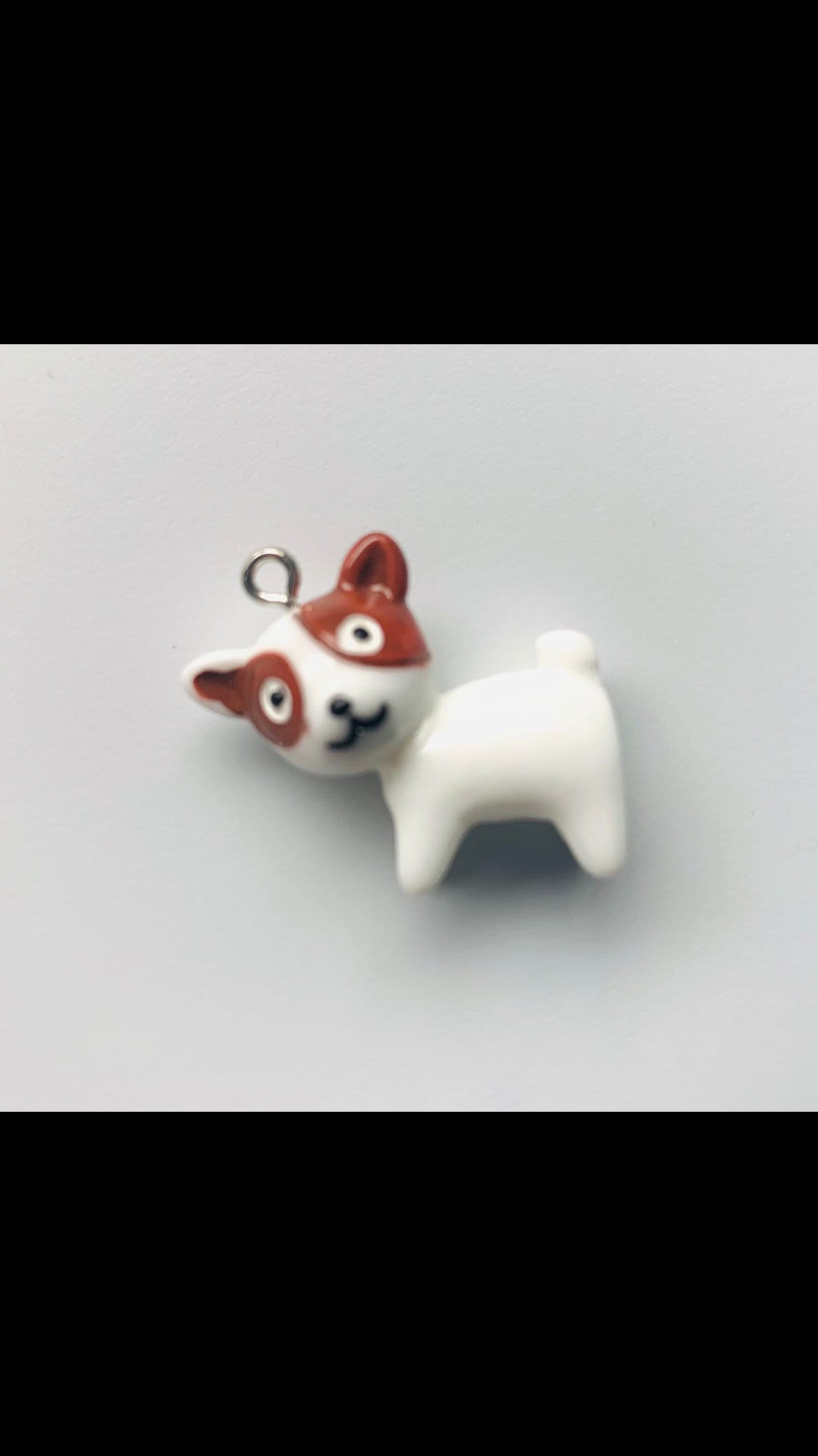 White dog charm., 3D large puppy charm. white and brown spot charms , pendant and keychain charms