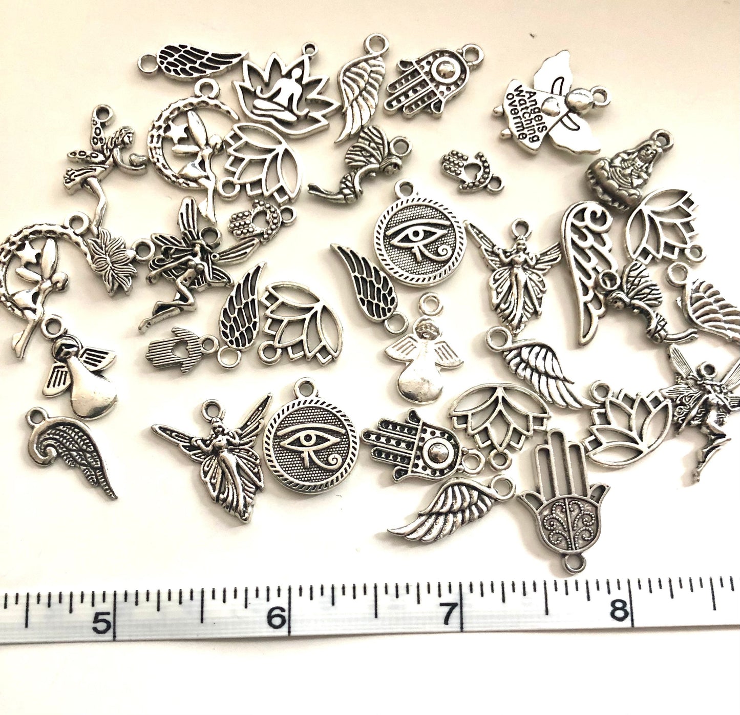 Fairy charm mix, spiritual charms, fairy and angel with evil eyes, hamsa and lotus flower charms