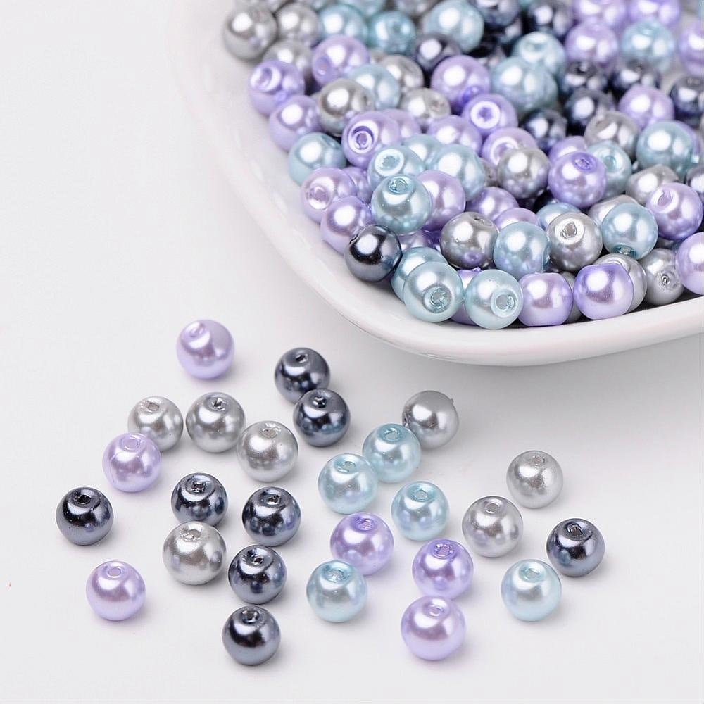 Silver theme blue Glass pearl  beads 6mm glass Beads pearlized glass beads faux pearl mixed shades of blue, purple silver gray