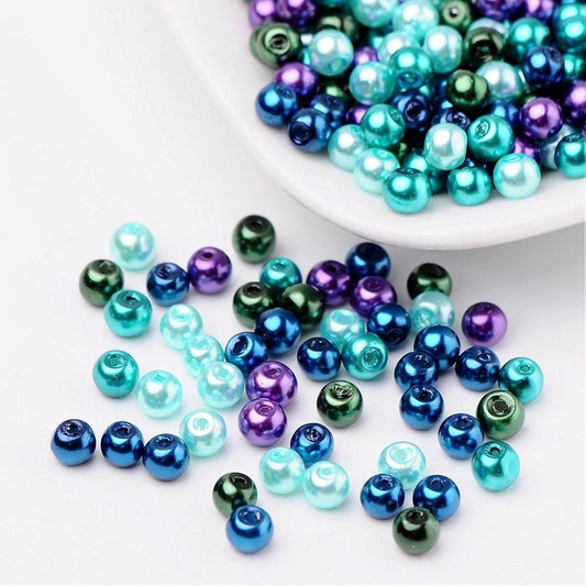 Ocean theme Glass pearl  beads , 4mm mix pearlized glass beads blue, greens, purple mix colored beads