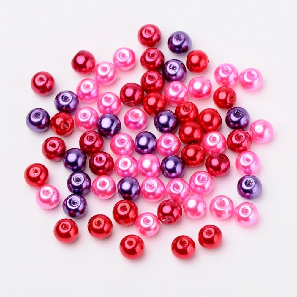 Red and purple Glass pearl beads, 8mm pearlized glass beads pink, red and purple mix colored beads pearl mix beads